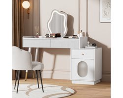 Re-purelife® Witte Make-up Tafel met LED Spiegel en Golffront Design - Moderne Kaptafel met 3 Lades en Glazen Deur - Schminkbureau Slaapkamer Meubel 100x40x75 cm - Zonder Kruk