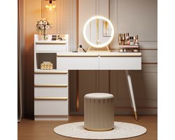 Re-purelife® Witte Make-up Tafel met Uitschuifbaar Blad en LED Spiegel - Kaptafel met 6 Lades en Veel Opbergruimte - Gouden Handvatten - Schminkbureau voor Slaapkamer 100x41.5x102 cm (BxDxH) - Zonder Kruk