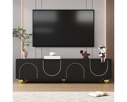 Re-purelife® Zwart TV Meubel met Luxe Gouden Accenten - TV Kast/Lowboard met Veel Opbergruimte 170x38x44 cm met 4 Push-to-Open Deuren - Woonkamer Opbergkast