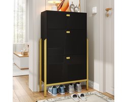 Re-purelife® Zwarte Schoenenkast met Lade en 2 Klepdeuren – 65x25x120,5 cm – Stevig, Luxe Design met Gouden Handgrepen en Poten – Ruime Opbergkast voor Schoenen