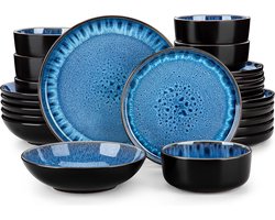 Reactief glazuur dinerset - 6 persoons - 24-delig - mediterrane serviesset - dinerborden - dessertbord - mueslikommen - pastakommen - Playa Blue bordenset 6 person