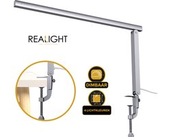 Realight dimbare bureaulamp – Krachtige LED Lamp met 4 Lichtkleuren – Gemakkelijk te bevestigen op bureaus tot 6 cm dik – 360° Rotatie – LED lichten – Licht aluminium – 8 Watt - Zilver