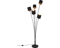REALITY TOMMY - Vloerlamp - Zwart - excl. 5x E14 - Voetschakelaar - H163cm - Kapjes zwart goud