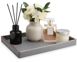 Rechthoekig decoratief dienblad - Serveerdienblad van leer - Tafeldienblad & keukendienblad, parfum-organizer, nachtkastje opbergbak, tassen-leeg voor woonkamer, slaapkamer en badkamer (grijs)