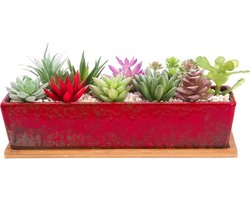 Rechthoekige Bonsaipot voor Vetplanten met Afvoer en Bamboe Dienblad - 30 cm Keramische Plantenbak voor Cactussen en Bloemen