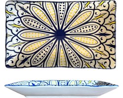 Rechthoekige Bordje - 21x13CM - Keramiek Blauw & Geel Boho bloemen design - Serveerschaal voor hapjes, taps, sushi, decoratie etc.