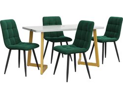 Rechthoekige eettafel met 4 stoelen set Donkergroen Fluweel Eetkamerstoel Keukentafel set Gouden tafelpoten