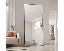 Rechthoekige Full-Length Mirror, Black Aluminium Frame, 180x80cm, Shatterproof Glass, Freestanding & Wall-Mounted