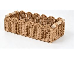 Rechthoekige, gevlochten opbergmand van riet met houten handgrepen – Decoratieve opbergmand voor het opbergen van handdoeken, speelgoed, boeken en snacks (khaki)