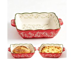 Rechthoekige keramische ovenschaal met handgrepen, ideaal voor lasagne, ovenschotels en tiramisu, oven- en magnetronbestendig, retro bloemendesign, diepe bakvorm voor veelzijdig gebruik