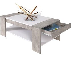 Rechthoekige Moderne Design Koffietafel MDF Hout met Onderste Plank en Intrekbare Lade - Grootte 100 x 58 x 44 cm - Grijs Cement Effect