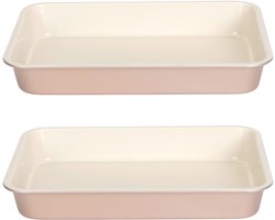 Rechthoekige ovenschaal/braadslede - 2x - metaal - 35 x 24 x 5 cm - wit/roze - Ovenschotel schalen - Bakvorm