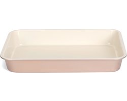 Rechthoekige ovenschaal/braadslede - metaal - 35 x 24 x 5 cm - wit/roze - Ovenschotel schalen - Bakvorm