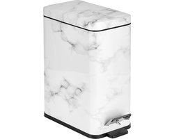 rechthoekige pedaalemmer met een inhoud van 10 L – compacte prullenbak met binnenemmer voor de badkamer, keuken of kantoor – moderne vuilnisbak van metaal en kunststof – wit marmer