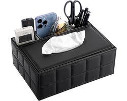 Rechthoekige tissuebox van PU-leer, dispenser voor papieren handdoeken met 3 compartimenten, kantoororganizer voor afstandsbedieningen (zwart)