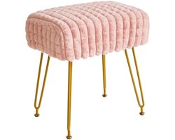 Rechthoekige voetensteun kruk Ottomaanse, make-up ijdelheid kruk bijzettafel, Fluwelen kaptafel stoel, Poef bank kruk, Gouden stalen poten, Vierkant raster patroon, Roze