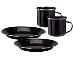 Recliffs Serviesset - 4 delig - emaille - zwart/zilver - borden en mokken - outdoor/camping