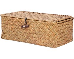 Rectangulaire Opbergmand met Deksel van Zeegras - Woven Rieten Mand voor Organisatie, Decoratie en Opslag in Huis, Caramel (M)
