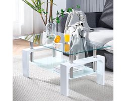 Rectangular Coffee Table for Living Room, Glass Coffee Table for Waiting Room, Modern Coffee Table with Wooden Leg, Rectangular Table with Bottom Shelf, White