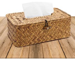Rectangular Seagrass Tissue Box - Handwoven Cosmetic Tissue Holder - Decorative Rattan Storage Basket with Lid for Dining Room Bathroom - 23x13x9cm
