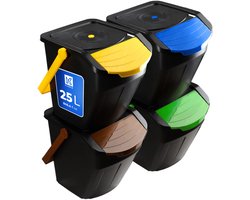 Recycling-emmer, 25 liter afvalemmer/prullenbak met deksel - afvalemmerset voor gemakkelijke afvalscheiding, afvalverzamelaar, afvalscheider voor biologisch afval, papier, glas - 4x25L KADAX