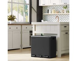 Recyclingbak, 3 compartimenten, zacht sluitend, bakken met emmers, zwart - Songmics - Afvalbakken - Zwart - PVC; Metaal - Afvalbakken -