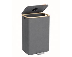 Recyclingbak 42 x 32,5 x 70,5 cm Leisteengrijs en Natuurlijk Beige, 100 L Afvalscheidingsbak, Flessenbak Voor Metaal Plastic Papier Glas, Met Uitneembare Binnenzak, Inwerpgat, Bamboe Rand, Opvouwbaar