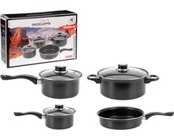 Redcliffs 4-delige Pannenset - met 3 Glazen Deksels - Anti-Aanbaklaag - Camping/ Kamperen - Steelpannen, Hapjespan, Kookpan