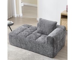 REDOM 2-zits bank met chaise longue – Loungebank & sofa in één – Zijvak voor opbergruimte – Zachte grijze chenille stof – Incl. kussen – Compact voor kleine ruimte – Grijs – 158 cm