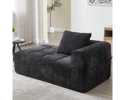 REDOM 2-zits bank met chaise longue – Loungebank & sofa in één – Zijvakjes voor opbergruimte – Zachte zwarte chenille stof – Incl. kussen – Compact voor kleine ruimte – Zwart – 158 cm