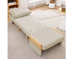 REDOM - 3-in-1 slaapfauteuil - 5-voudig verstelbare rugleuning - Uitklapbaar logeerbed - Rotan armleuningen - Polyester - Beige - 67,5 x 73 x 86,5 cm