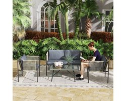 REDOM - 4-Delige Balkonmeubelset - Met Dubbele Bank En Salontafel - Rustieke Uitstraling - Voor Buiten - Staal En Kunstrotan - Grijs