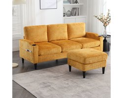 REDOM - 4-Zits Bank - Met Opberghocker En Bekerhouders - Modern - Voor Woonkamer - Chenille - Geel - 196,5 X 75 X 77 Cm