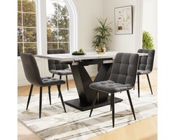REDOM - 5-Delige Eetkamerset - Uitschuifbare Tafel En 4 Stoelen - Modern - Voor Eetkamer - MDF, Metaal En Fluweel - Zwart, Wit En Grijs