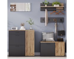 REDOM - 5-Delige Halmeubelset - Schoenenkast En Schoenenbank - Modern - Voor De Hal - Spaanplaat - Naturel En Zwart