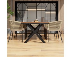 REDOM - 7-Delige Tuin Eettafelset - Rechthoekige Tafel Met 6 Stoelen - Handgeweven Touw - Acaciahout Tafelblad - Beige - 140 x 80 x 74 cm