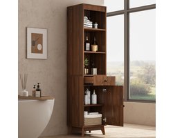 REDOM - Badkamer hoge kast - Vrijstaande opbergkast - Omkeerbare deur - Soft-Close scharnieren - Lade - MDF - Walnoot - 40 x 36 x 172 cm