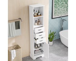 REDOM - Badkamerkast - 3 lades en open vakken - Met verstelbare planken en deur - Modern - Badkamer - MDF - Wit - 38 x 26 x 172,5 cm