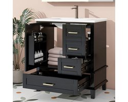 REDOM - Badkamerkast Met Geïntegreerde Keramische Wastafel - Modern - Vrijstaand - MDF En Keramiek - Zwart - 73 x 45,5 x 83,5 cm