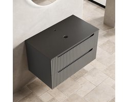 REDOM - Badkamerkast - Zwevend - 2 lades - Voorgemonteerd - Zwart sinterstenen blad - Multiplex - Donkergrijs - 80 x 46 x 49,2 cm