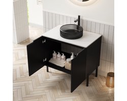 REDOM - Badkamermeubel Met Ronde Glazen Wastafel - Gestreept - Romantische Stijl - Badkamer - MDF En Gesinterde Steen - Zwart Wit