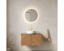 REDOM- Badkamermeubel met wastafel - Wandmontage - Dubbele deuren met soft-close - Sintersteen werkblad - Keramische wastafel - Moderne stijl - Badkamer - Multiplex, Keramiek - Zwart, Bruin, Wit - 76 x 50 x 53,1 cm