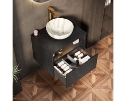 REDOM - Badkamermeubel Met Wastafel - Zwevend - Met Lade En Open Vak - Sensorverlichting - Keramiek - Zwart En Steenwit