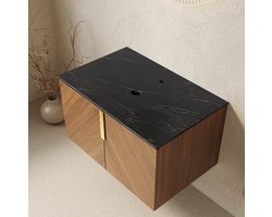 REDOM - Badkamermeubel - Werkblad van zwarte gesinterde steen - Dubbele deuren - Opbergruimte - Eikenlook multiplex - Bruin - 76 x 50 x 43 cm
