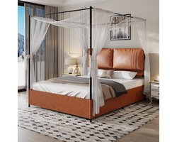 REDOM Baldakijnbedframe 140x200 cm – PU bruin – Afneembare zuilen – Metalen frame – 544 kg draagkracht