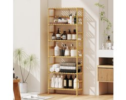 REDOM - Bamboe stellingkast - 6 open niveaus met 11 hoogte-instellingen - Verstelbare planken - Vrijstaand - Woonkamer, keuken, badkamer en kantoor - Bamboe - Natuurlijk hout - 60 x 26 x 161 cm