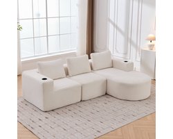 REDOM Bank + Sofa - Ruime 3-zits - Dubbellaags comfort met bekerhouders - Moderne bank voor woonkamer of kantoor - Ademende polyester stof - Beige - 265 x 176 x 60 cm
