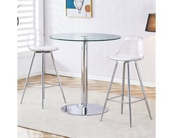 REDOM - Bartafelset - Ronde Glazen Tafel Met 2 Barkrukken - Modern - Voor Bar Of Eethoek - Glas En Metaal - Zilver Transparant - 89 Cm