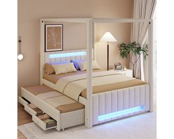 REDOM - Bed - Hemelbed met uitziehbed - Drie opberglades en LED-verlichting - Klassieke en moderne stijl - Slaapkamer - MDF en stof - Beige - 211,8 x 141,5 x 186 cm