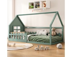 REDOM - Bed - Hoogwaardig grenenhout en MDF - Huisvorm ontwerp, minimalistisch kleurenschema - 90 x 200cm groen